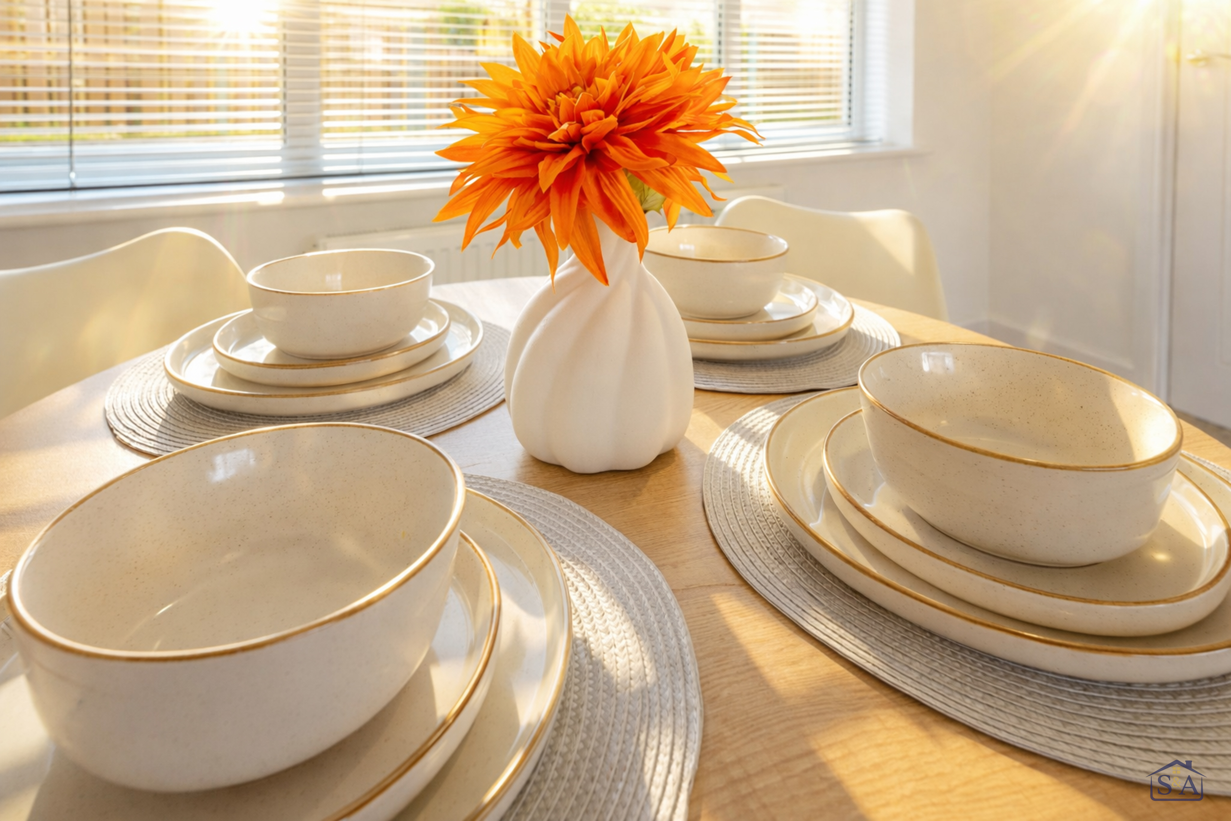 Dining table staged with warm orange flowers at S&A Stays